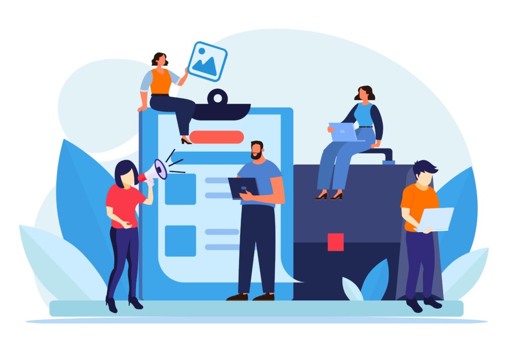 Illustration eines Teams bei der Erstellung digitaler Inhalte als Symbol für modernes Newsletter- und E-Mail-Marketing für KMU
