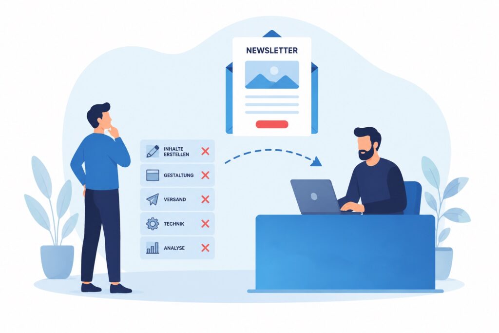 Illustration zum Outsourcing von Newslettern und E-Mail-Marketing: Ein Unternehmer übergibt Aufgaben wie Inhalte, Gestaltung, Versand, Technik und Analyse an einen externen Newsletter-Spezialisten, der die Umsetzung übernimmt. Das Motiv steht für die Entlastung von kleinen und mittleren Unternehmen durch professionelle Unterstützung.